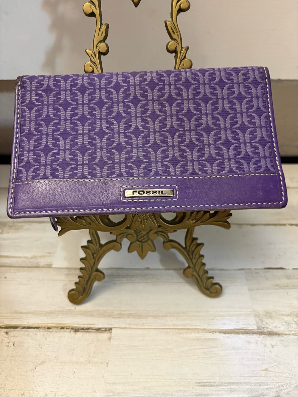 Vintage Y2K Fossil purple signature monogram canvas trifold wallet